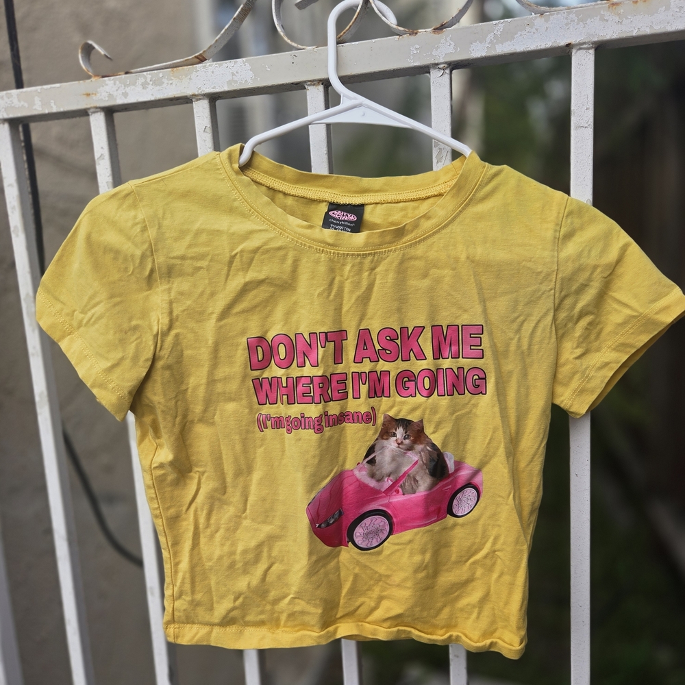 Yellow Graphic Tee with Cat Print
